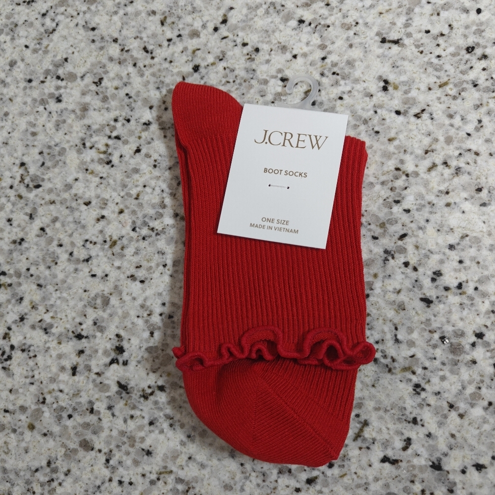 NEW Jcrew Ribbed ruffle-edge boot socks (vintage red) - Picture 3 of 4